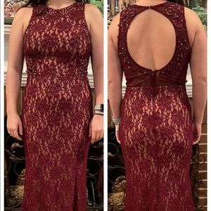 red lace prom dress